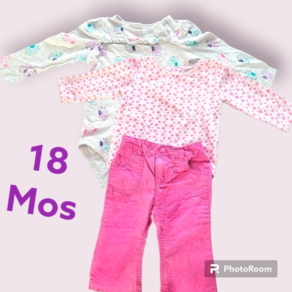 Girls 18 Months Oshkosh pants with two Patterned Onesies - Picture 1 of 4